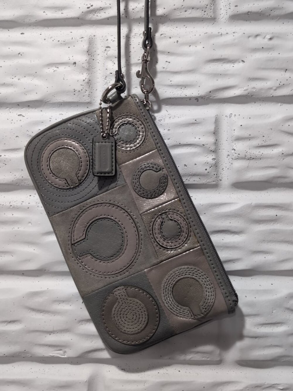Coach 44323 Mia Madison Signature C Patchwork Large Wristlet Gray Suede Leather